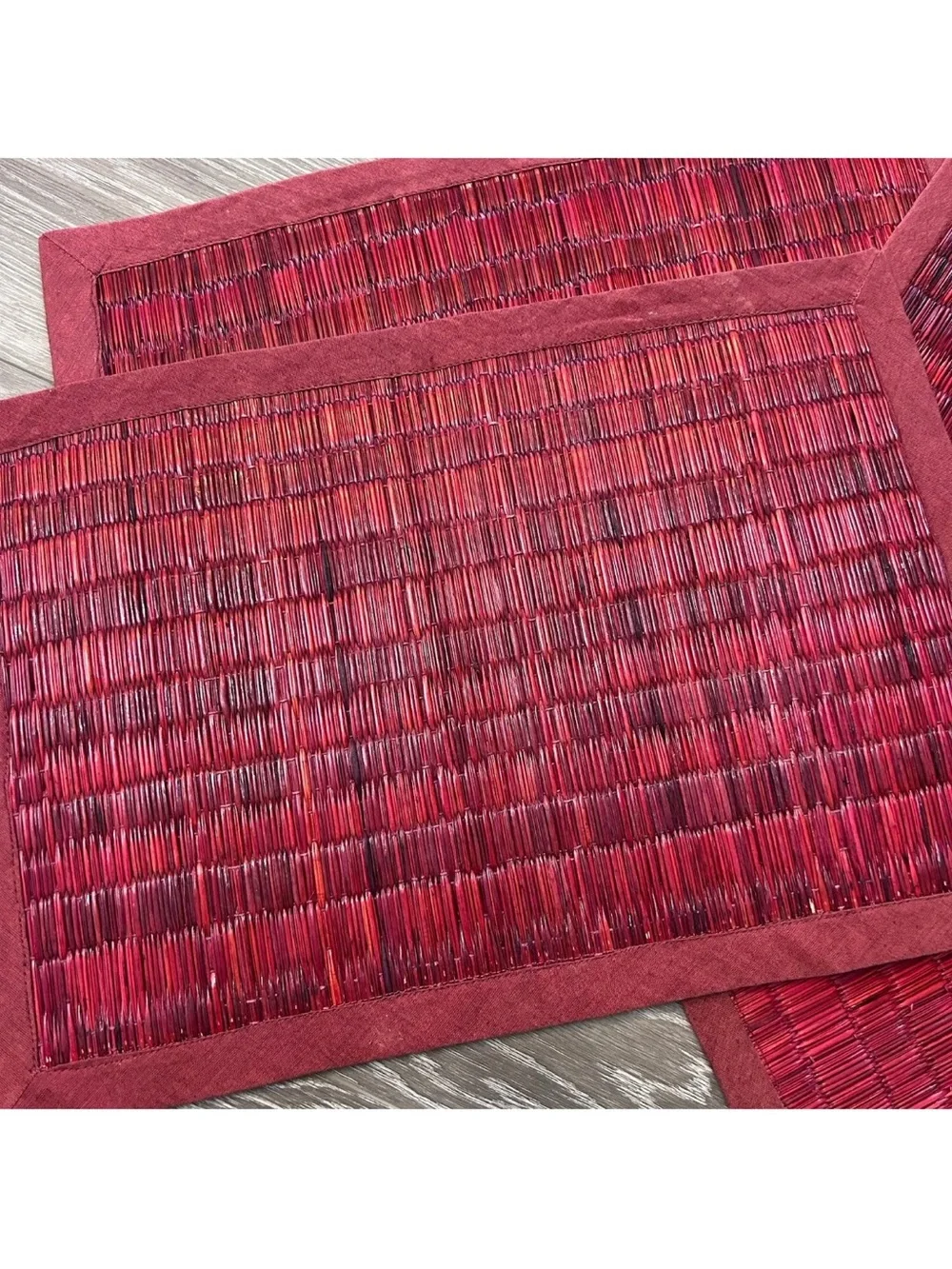 4 pc World Market Grasscloth Placemats Boho 13x19 Wine Red Linen Trimmed